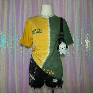 yellow and green peace and love tie-dye tee shirt